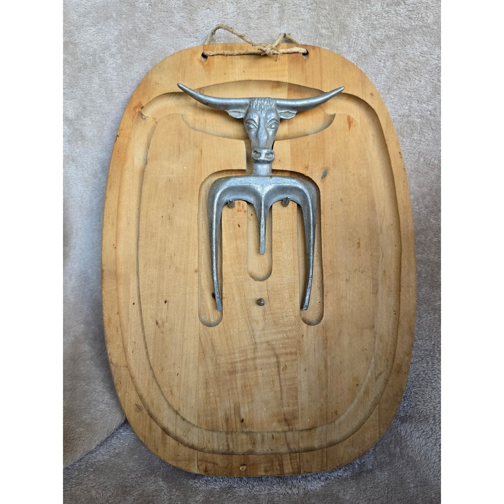 Vintage Wood Carving Board with Cast Metal Bull Head Meat Fork Steer Rustic Set